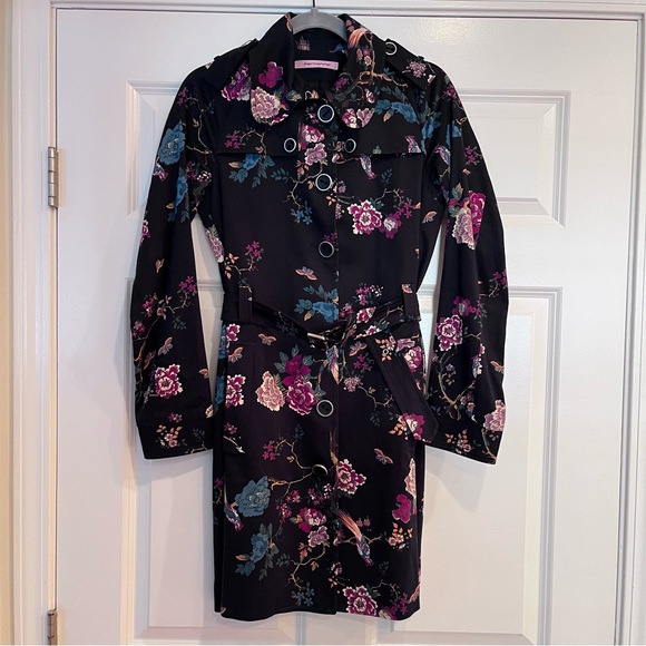 Fornarina Italy Floral Trench Coat Size XS Belt Buttons Knee Length Line… - Picture 1 of 14